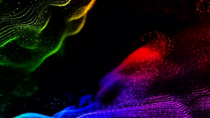 抽象多色线状流丛流动运动，带有线和点和辉光，像星系