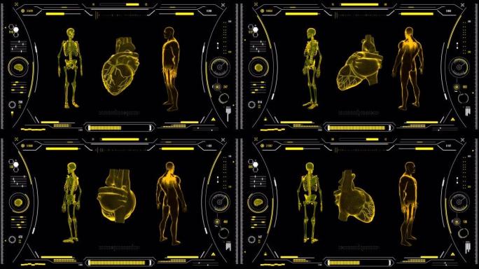 人体心脏扫描。具有HUD和信息图表元素的未来医学用户界面。虚拟技术背景。用于商业，游戏，运动设计，w