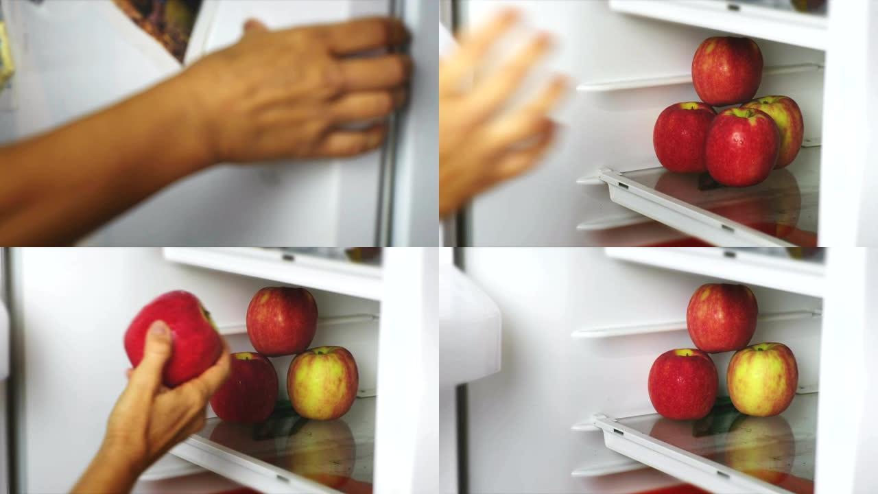 水果冰箱-女性手打开冰箱，拿香蕉水果