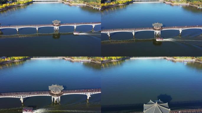 韩国秋季沃永高大桥鸟瞰图，船驶入河中