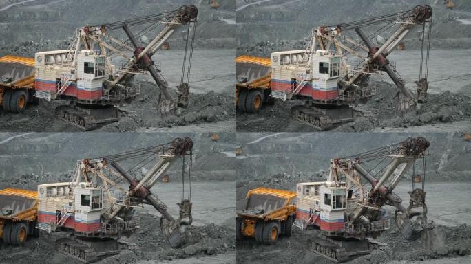 采矿挖掘机在采石场挖出矿石。关闭石灰石开采