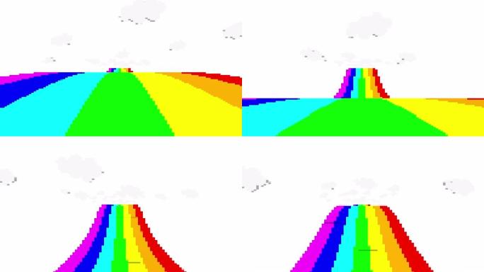 彩虹路的复古像素运动，前方有云彩，可以用于彩色动画背景，背景是无缝循环的。