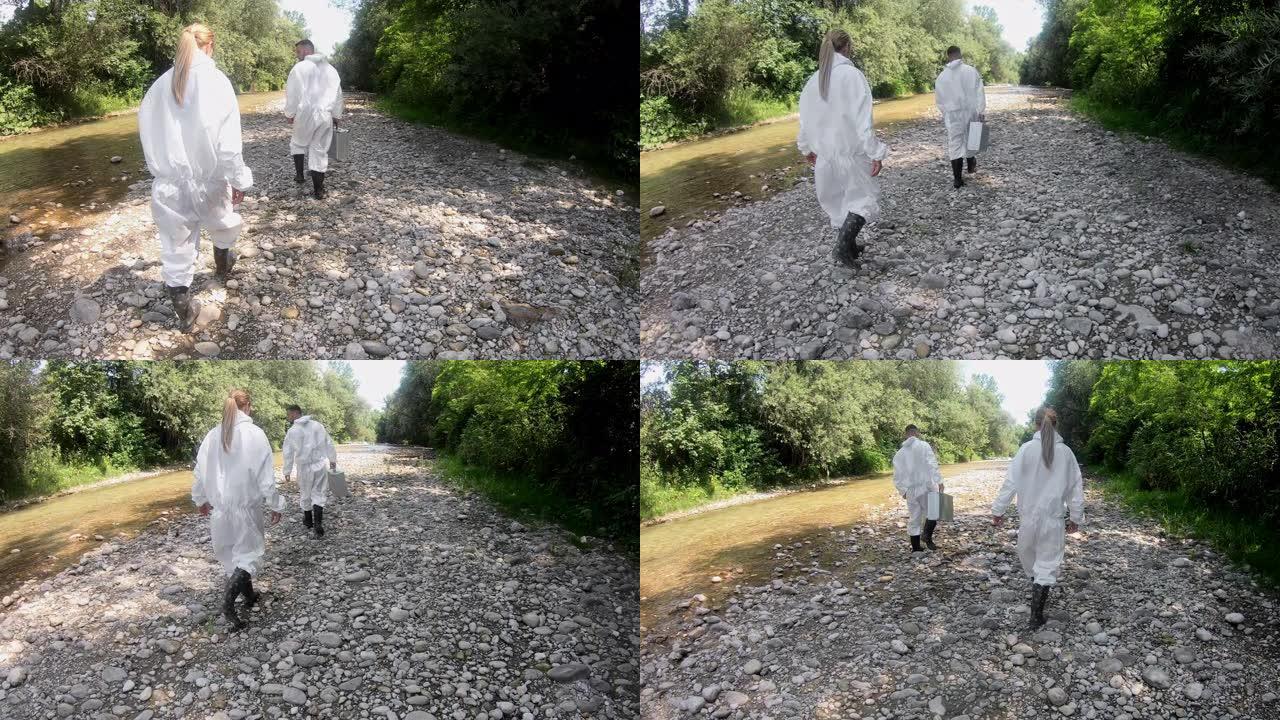 生物学家从森林河流中取水，在实验室中研究成分