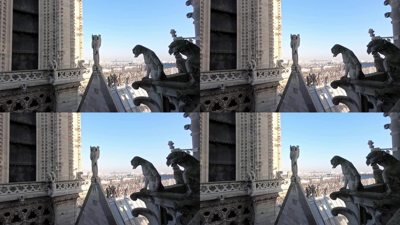 巴黎圣母院屋顶的4k著名雕像和石像鬼