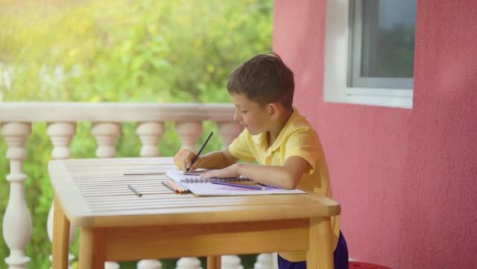 可爱的小男孩在木桌上画在他的相册里