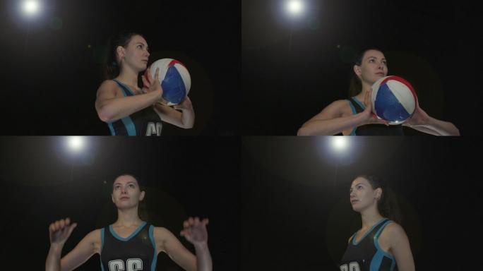 女子无挡板篮球运动员用球射击-超慢动作180度旋转