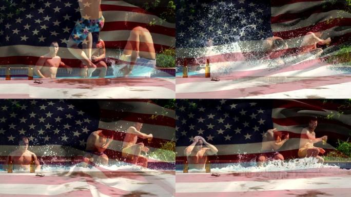 一群朋友在一个游泳池和美国国旗为7月4日