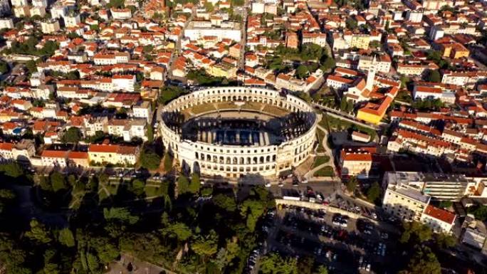 4K.普拉罗马圆形剧场的鸟瞰图。伊斯特拉，克罗地亚，欧洲