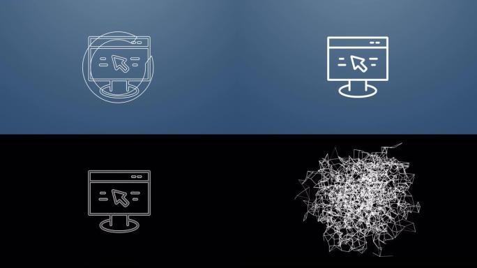 电脑显示器图标的4k动画。粒子在合成和爆炸中赋予符号动画。两个背景版本: 全彩和透明隔离阿尔法通道。