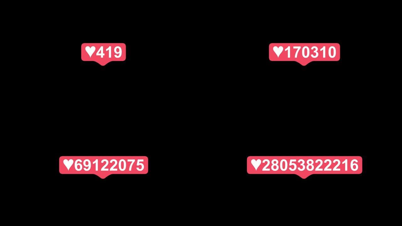 社交媒体红心计数器，在黑色背景上显示随着时间的推移喜欢。点击类似的按钮动画4K。3D渲染