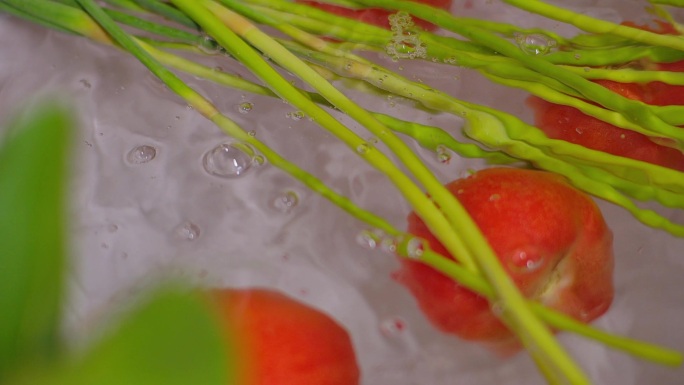 高速拍摄青菜西红柿出水