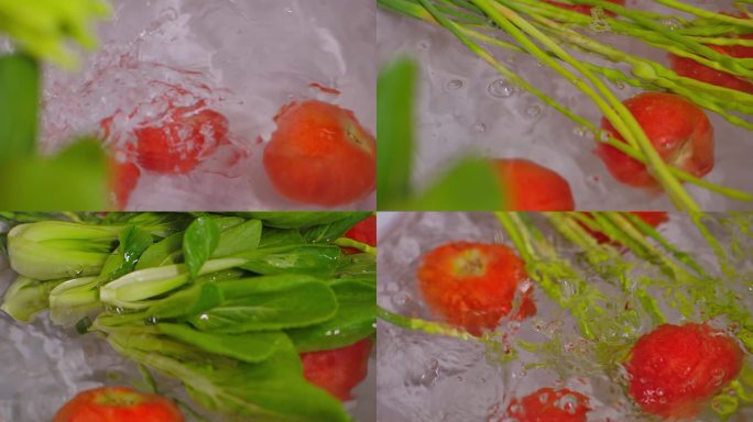 高速拍摄青菜西红柿出水