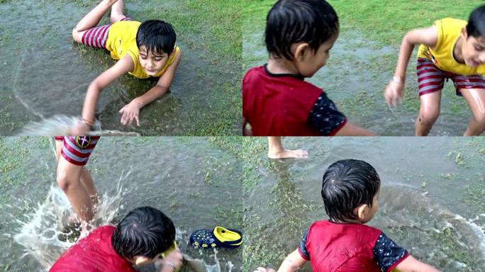 小学儿童在雨季在公园玩耍