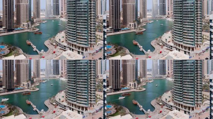 迪拜码头住宅和带海滨的办公室摩天大楼的鸟瞰图