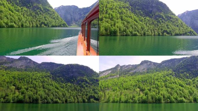 在德国的科尼格斯湖上流动的船，阿尔卑斯山
