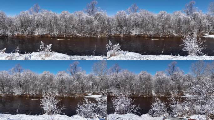 航拍大兴安岭早春冰雪河流