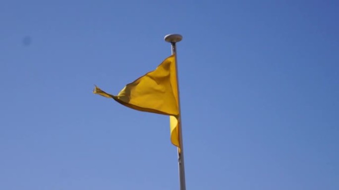 黄色警告旗在海滩上飘扬