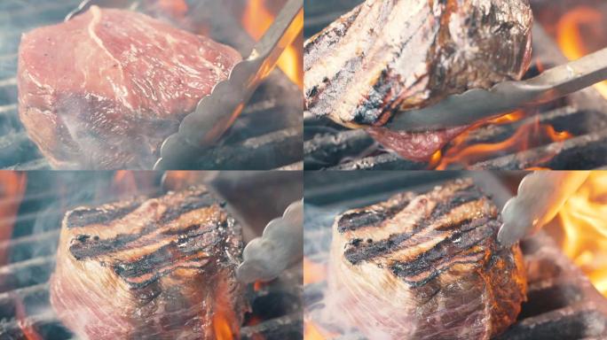 局长用抹刀把肉放在烤架上。火在燃烧，热多汁的油牛排烹饪关闭慢动作。烧烤，美味牛排