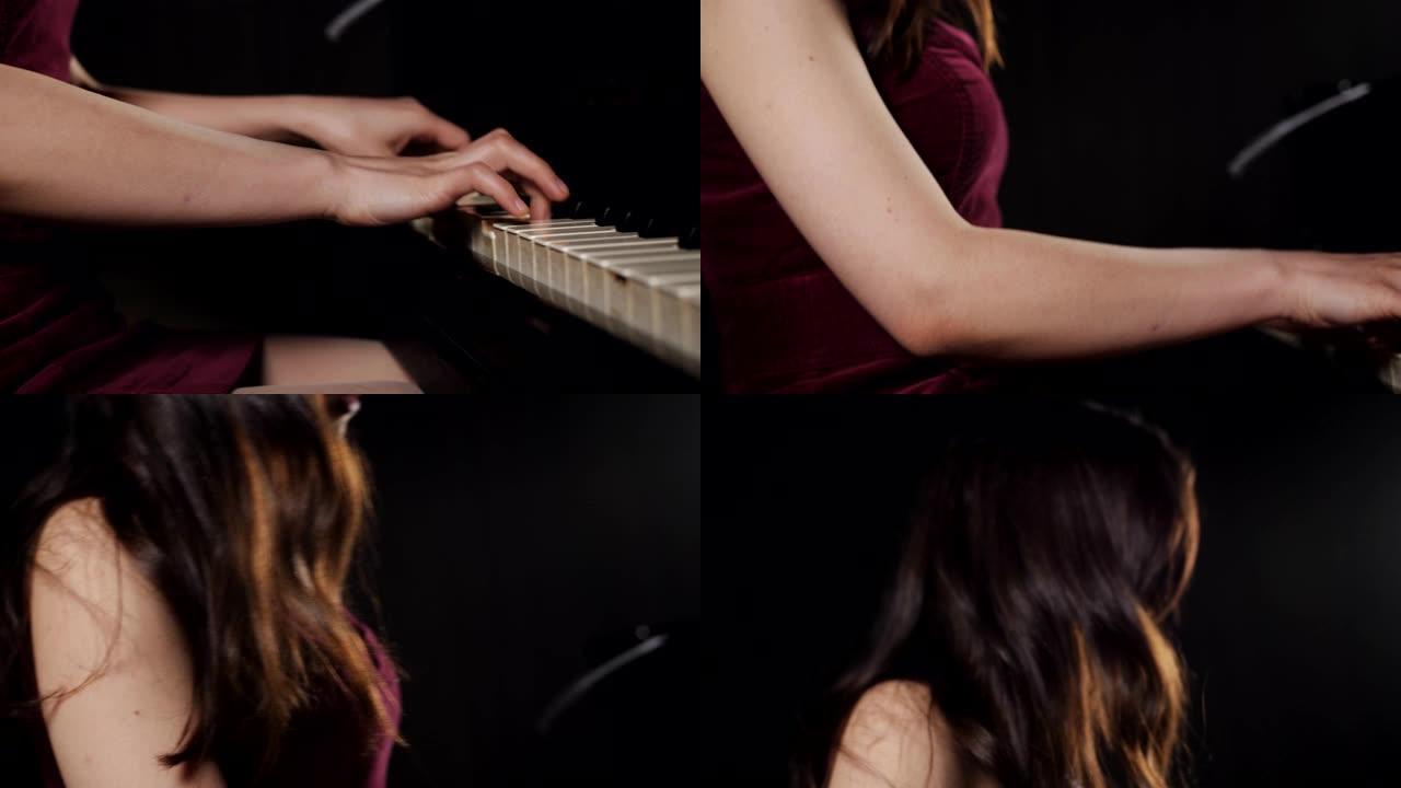 女钢琴家弹钢琴。