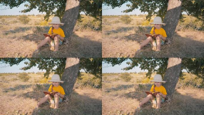 一个女孩正坐在树下看书。一个戴着草帽的孩子在大热天读书。暑假。手里拿着一本书，在树荫下休息。快乐的童