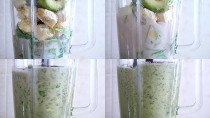在搅拌机里做绿色冰沙。健康饮食。