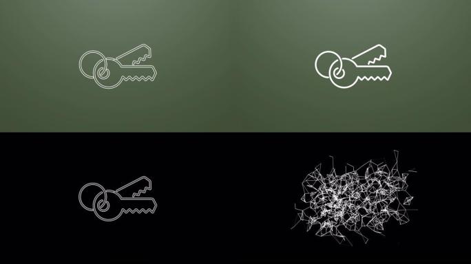 键图标的4k动画。粒子在合成和爆炸中赋予符号动画。两个背景版本: 全彩和透明隔离阿尔法通道。