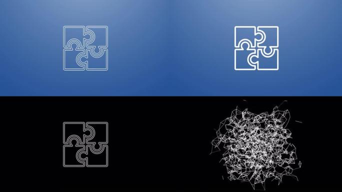 拼图图标的4k动画。粒子在合成和爆炸中赋予符号动画。两个背景版本: 全彩和透明隔离阿尔法通道。