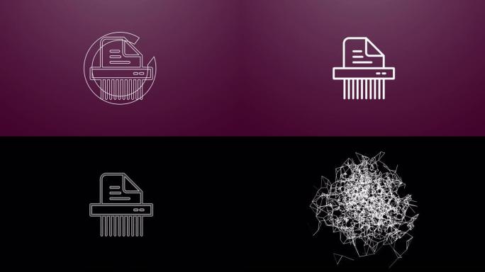 碎纸机图标的4k动画。粒子在合成和爆炸中赋予符号动画。两个背景版本: 全彩和透明隔离阿尔法通道。