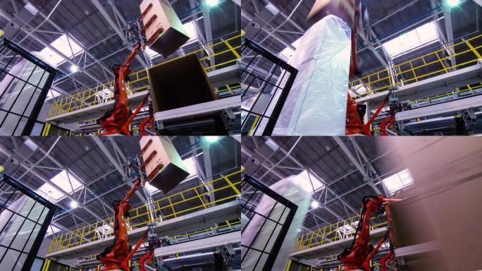 机械手将盒子放在输送机延时的冰箱上