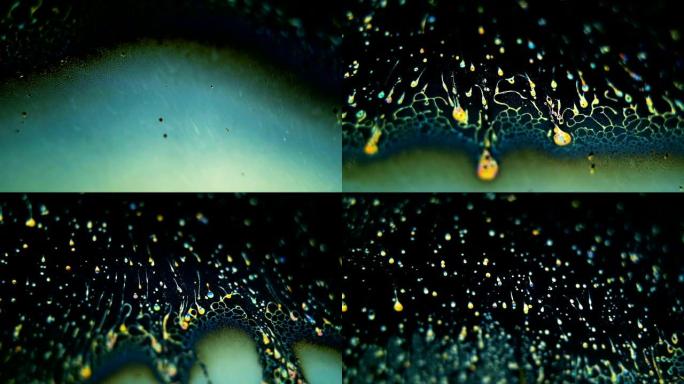 不寻常的泡沫泡孔状结构，具有垃圾背景，流动和旋转，微观详细视图