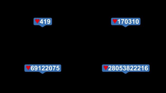 社交媒体红心计数器，在黑色背景上显示随着时间的推移喜欢。点击类似的按钮动画4K。3D渲染