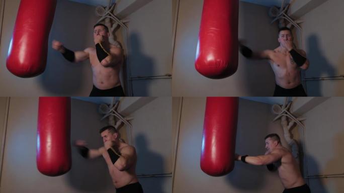 男拳击手在训练前屈伸双臂