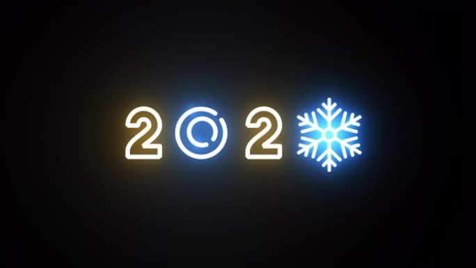黑色背景上的雪花霓虹灯新年快乐2020