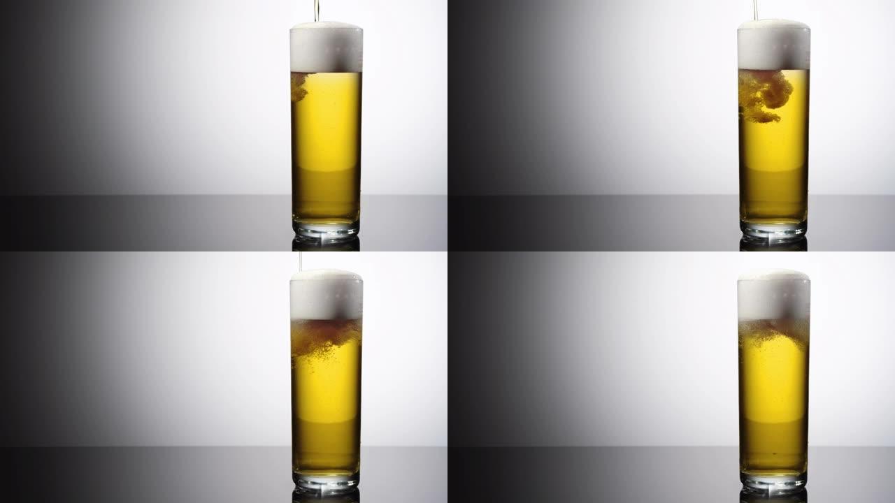 超慢动作高速拍摄啤酒流入啤酒杯-用超高速相机拍摄
