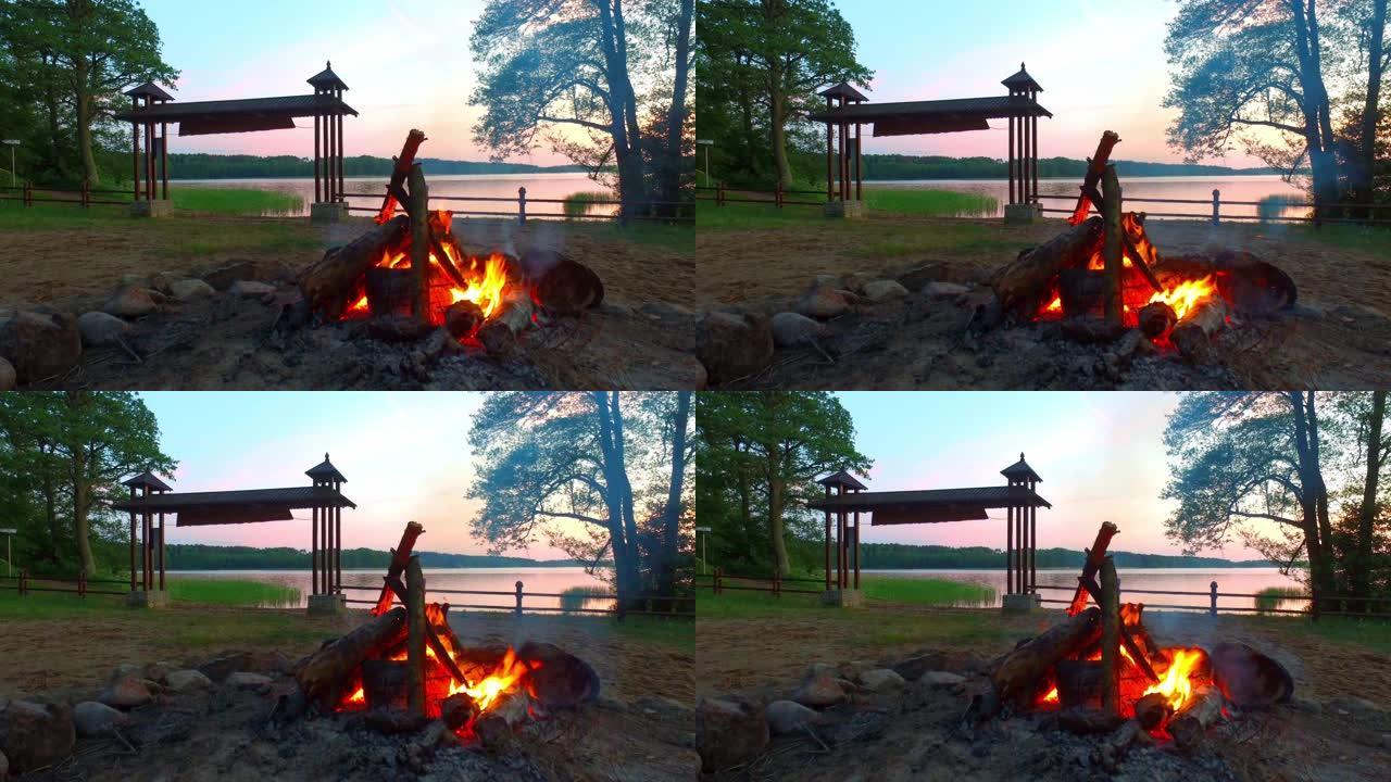 夏天湖边日落篝火