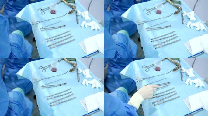 宫腔镜手术过程中带有手术器械的表。