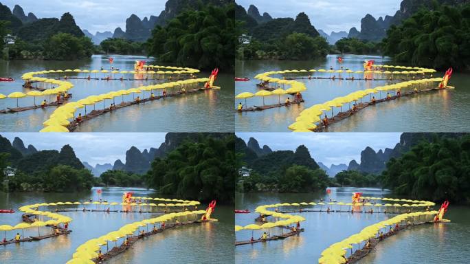 傍晚阳朔遇龙河上的竹筏巡游