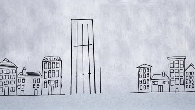 城市景观中的两座建筑物的数字动画