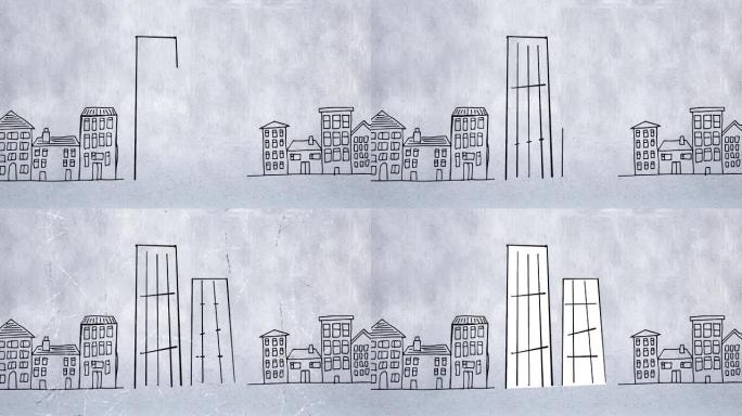 城市景观中的两座建筑物的数字动画
