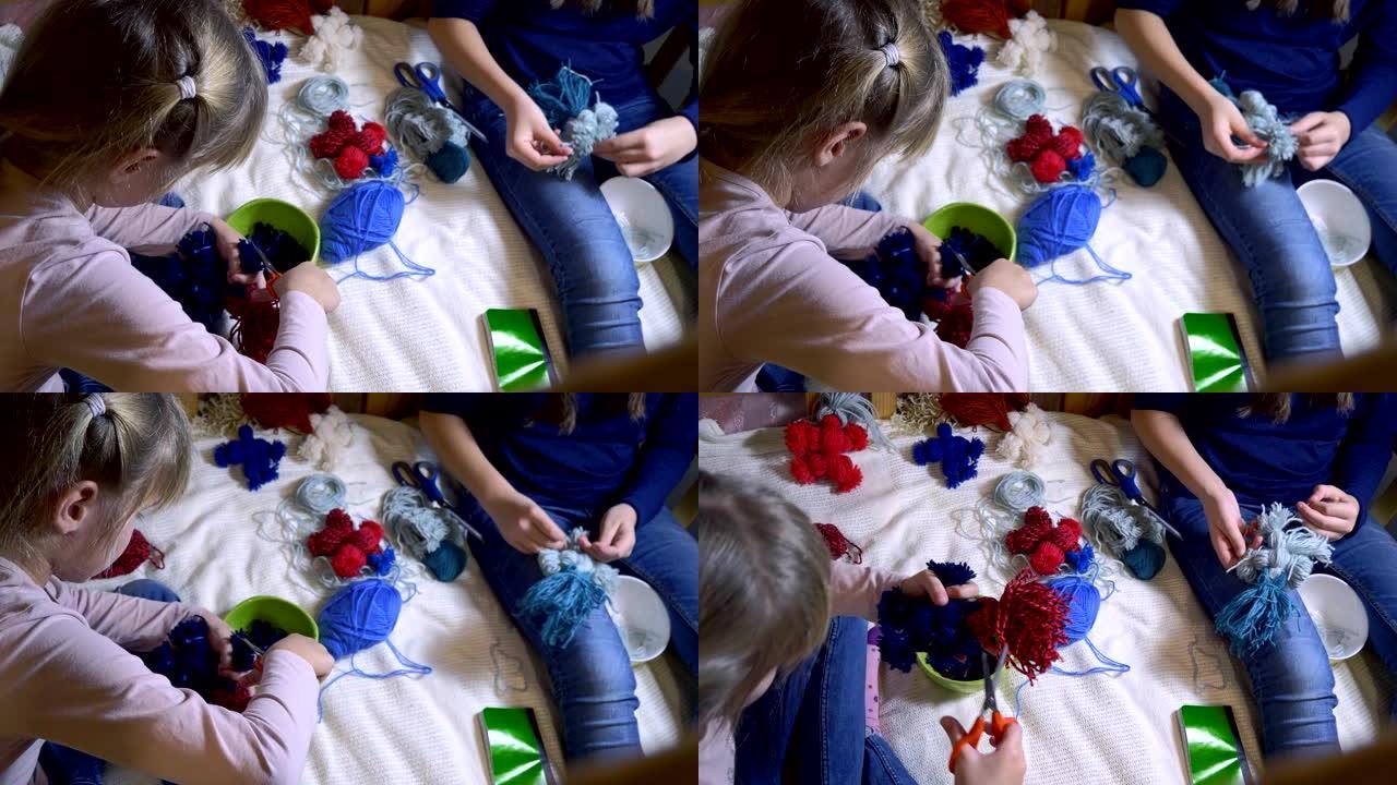 女孩用绳子做洋娃娃。