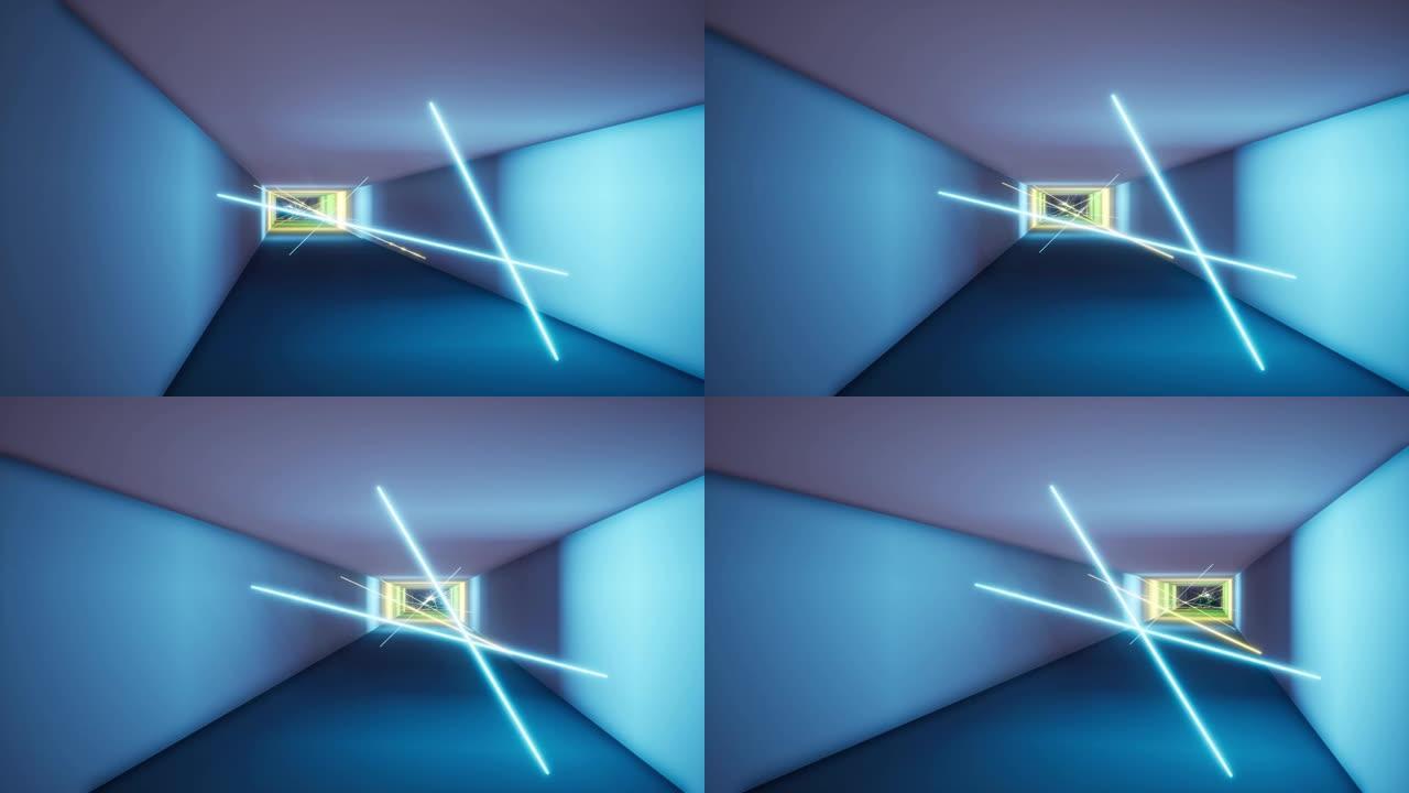 荧光紫外光七彩激光霓虹灯线隧道。飞度无尽隧道，蓝色粉色光谱3d渲染。摘要虫洞科学。4k