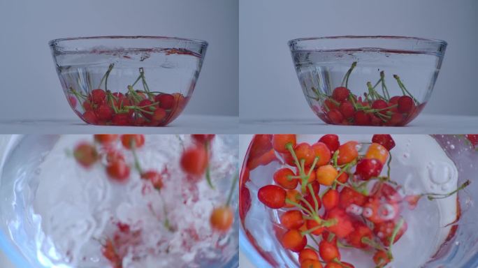 高速拍摄樱桃投入水中溅起水花