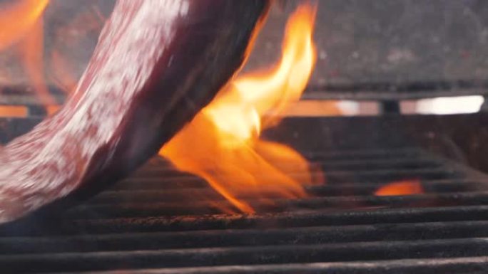 美味多汁的肉排在火炉上烹饪。陈年珍贵烤烤里脊肉新鲜多汁牛肉片，带线条慢动作。烧烤，美味牛排