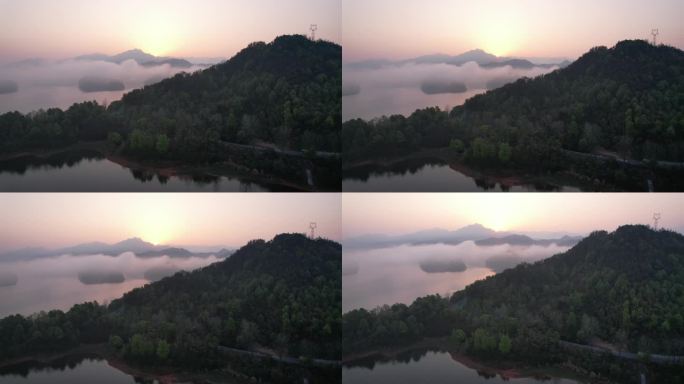 早晨湖边云雾缭绕的日出