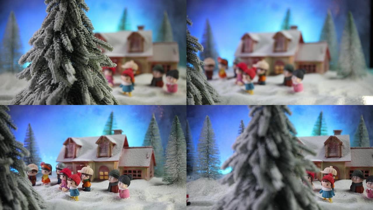 圣诞节和新年假期概念。小装饰可爱的小房子在雪中晚上。雪地上的传统节日属性。创意艺术品装饰。您的文本的