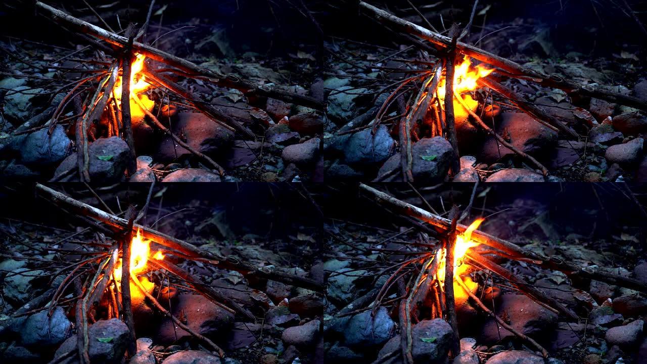 森林中央的篝火取暖和做饭。
