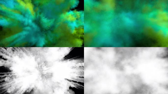 彩色中型烟雾爆炸，带有痕迹，向相机扩展。