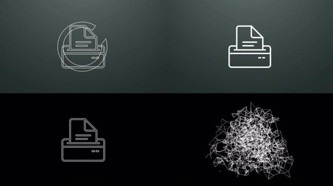 打印机图标的4k动画。粒子在合成和爆炸中赋予符号动画。两个背景版本: 全彩和透明隔离阿尔法通道。