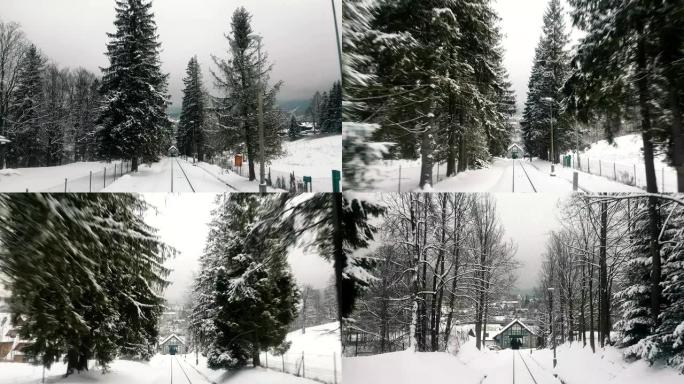 在冬天的白天，从快速行驶的火车上看到直轨，高高的冷杉树和大雪覆盖的山坡，令人印象深刻