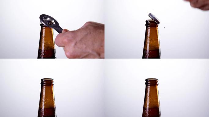 一只手在慢动作中打开一瓶啤酒的特写镜头